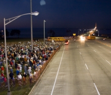 People waiting to walk across the Bridge for the 2008 Mackinac Bridge Labor Day Walk